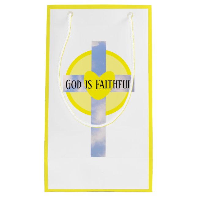 God is Faithful Cross Healing Bible Verse Yellow Small Gift Bag (Front)