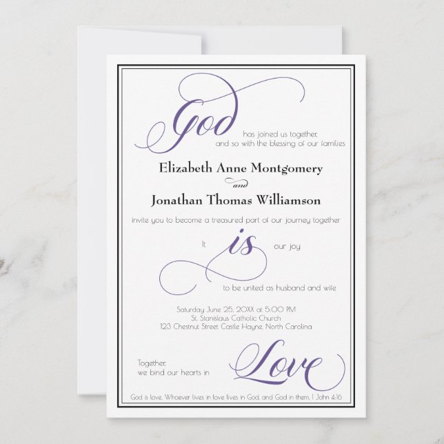 God is Love Graceful Purple Wedding Invitation (Front)