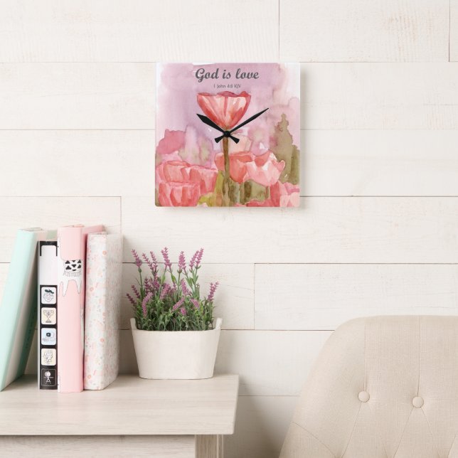 God is Love Scripture Tulips John Bible Verse Square Wall Clock (Reading Room)