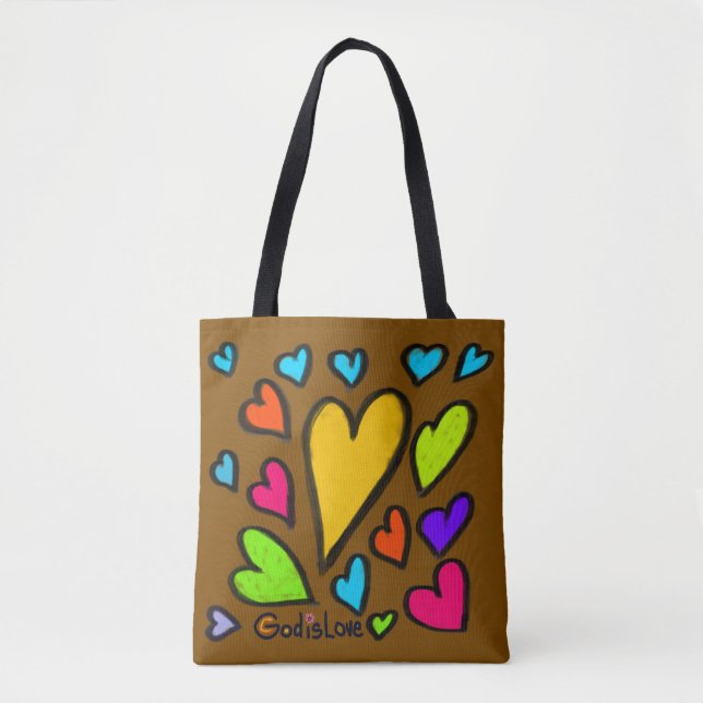 God is Love with Hearts Brown Tote Bag (Front)