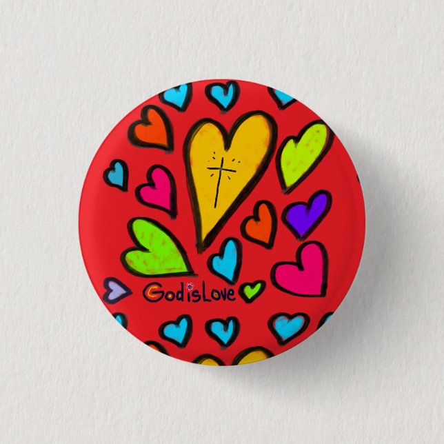 God is Love with Hearts Christian  3 Cm Round Badge (Front)