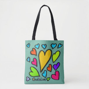 God is Love with Hearts Turquoise Tote Bag