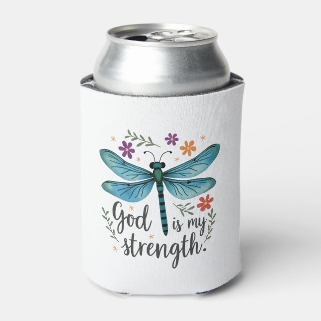 God is my strength Floral Dragonfly Christian T-Sh Can Cooler (Can Front)