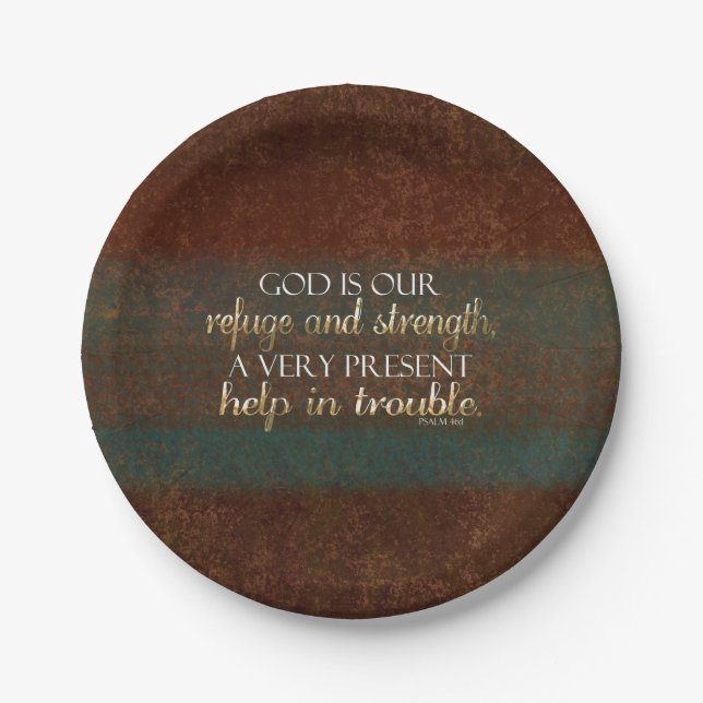 God is our Refuge Christian Bible Verse Brown/Gold Paper Plate (Front)