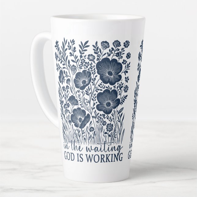 God is Working in Waiting Blue Floral Christian Latte Mug (Left Angle)