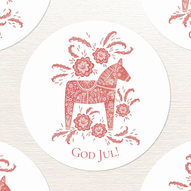 God Jul Dala Horse Red Holidays Classic Round Sticker (Swedish Dala Horse red and white God Jul sticker)