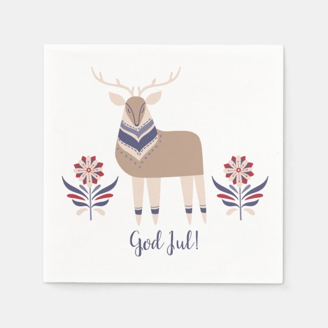 God Jul Deer and Flowers Nordic Design Christmas | Napkin (Front)