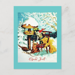 "God Jul!" Nisse Feeds Little Birds Postcard