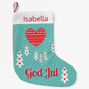 God Jul Nordic Pine Trees with Hearts in Snow Small Christmas Stocking