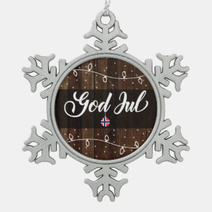 God Jul Norwegian Merry Christmas, Rustic Style Snowflake Pewter Christmas Ornament