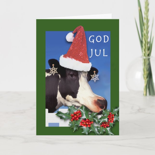 God Jul Swedish Christmas Cow with Santa Hat Holiday Card (Front)