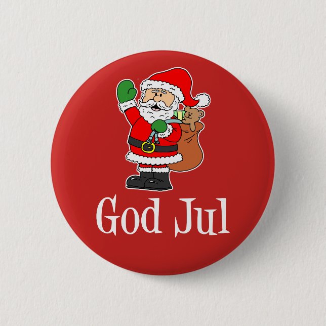 God Jul Swedish Christmas Santa Button (Front)