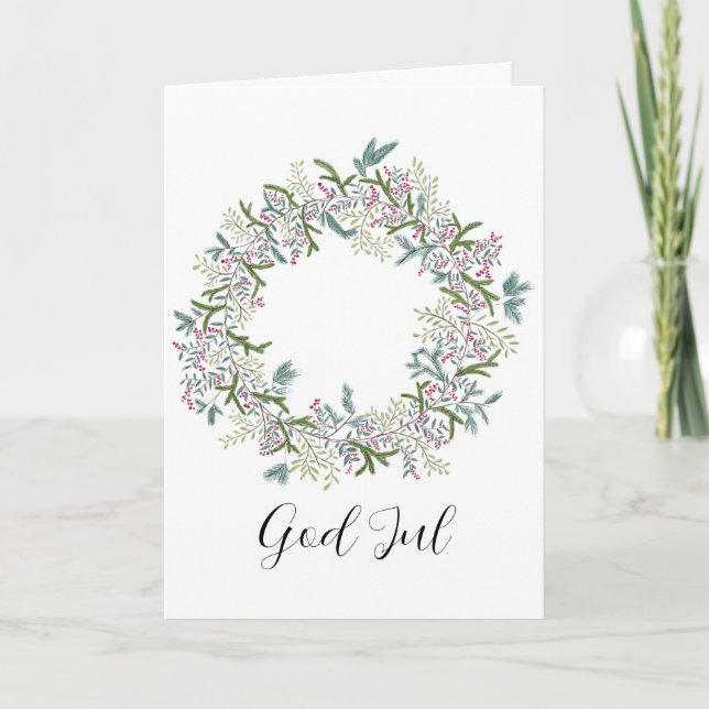 God Jul, Swedish Christmas Wreath Holiday Card (Front)