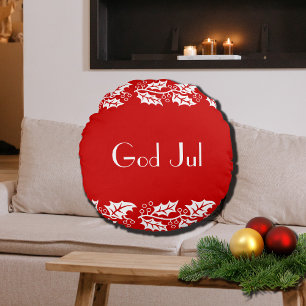 God Jul white hollies in red - Round Cushion