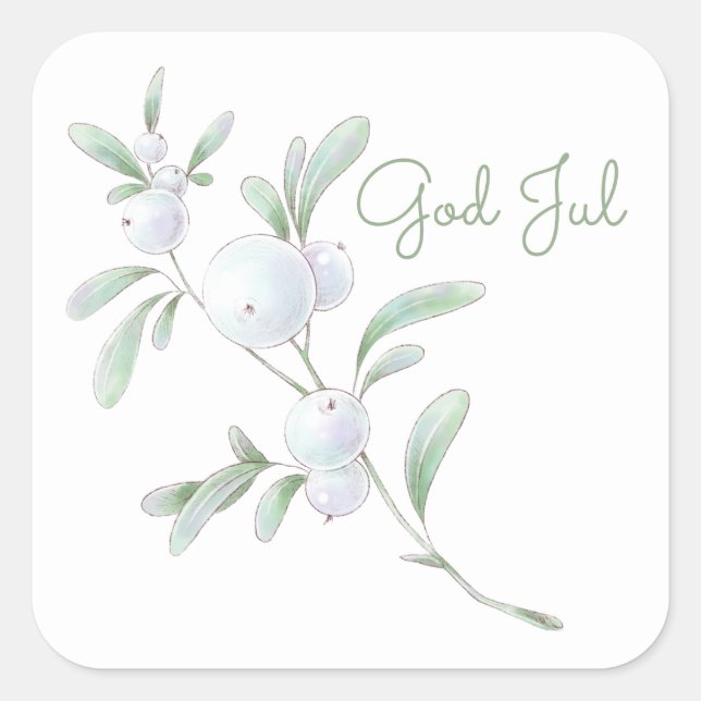 God Jul White Winter Berries Square Sticker (Front)