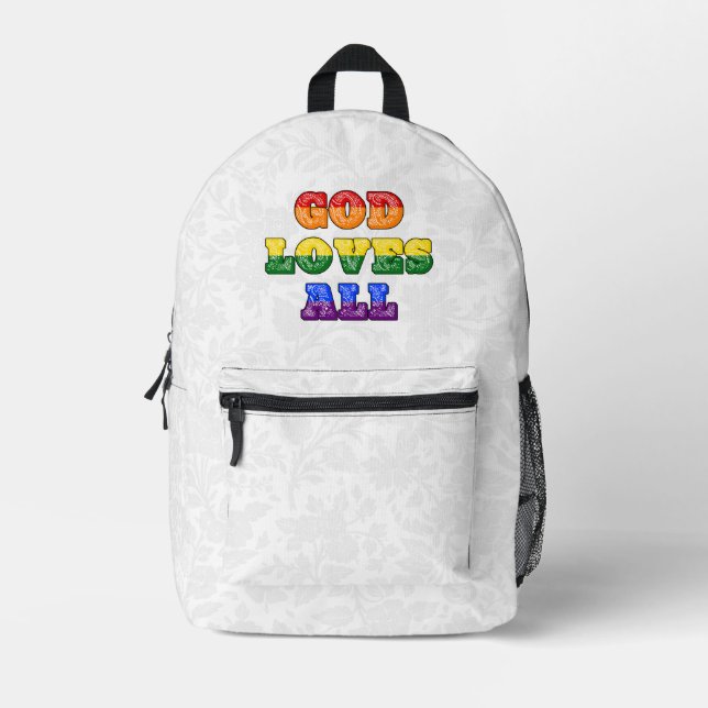 "God Loves All" Gay/LGBTQIA+/Queer Christian Pride Printed Backpack (Front)