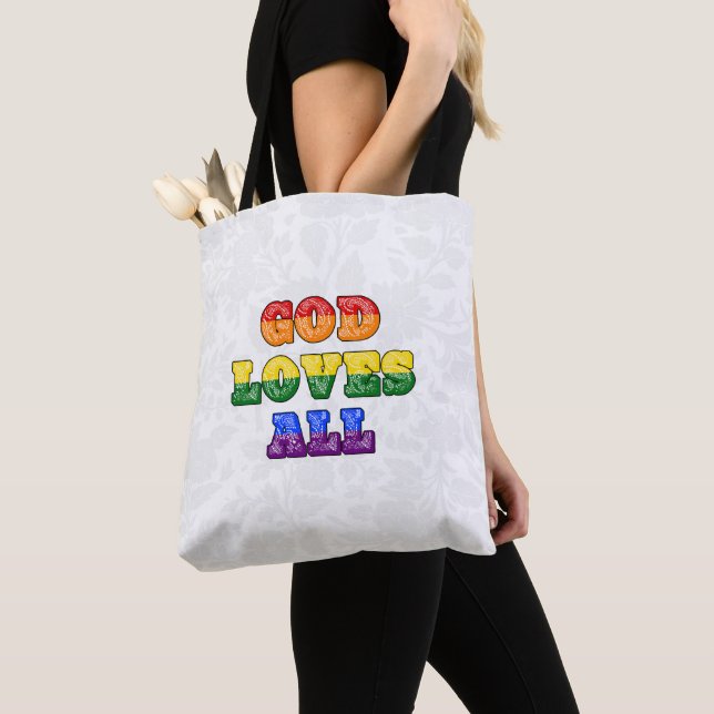 "God Loves All" Gay/LGBTQIA+/Queer Christian Pride Tote Bag (Close Up)