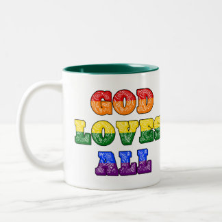 "God Loves All" Gay/LGBTQIA+/Queer Christian Pride Two-Tone Coffee Mug