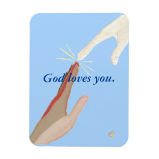 God loves you, Hands reaching touching, blue sky Magnet