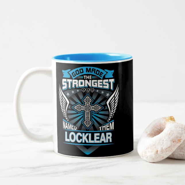 God Made The Strongest And Named Them Locklear Two-Tone Coffee Mug (With Donut)