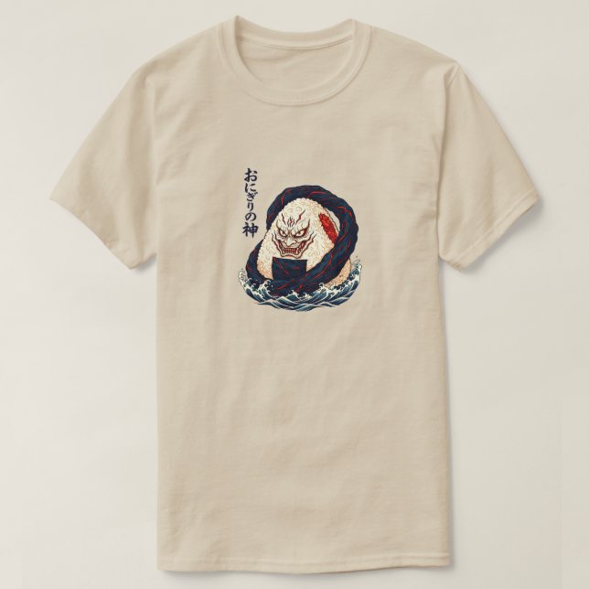 God of Onigiri Oni Samurai Japanese Rice Ball Wave T-Shirt (Design Front)
