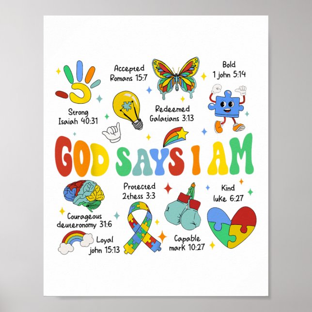 God Says I Am Autism Awareness Kids Christian  Poster (Front)
