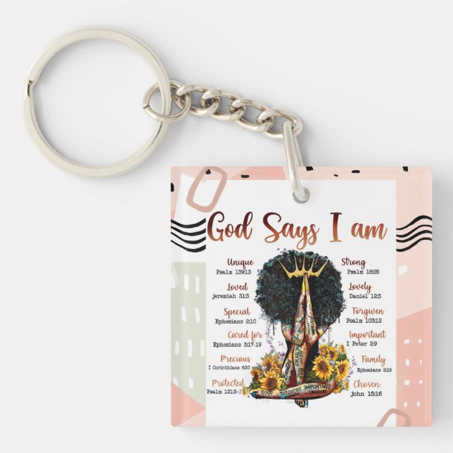God Says I AM Black Christian Women Key Ring (Front)
