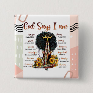 God Says I AM Black Christian Women Melanin Sista 15 Cm Square Badge