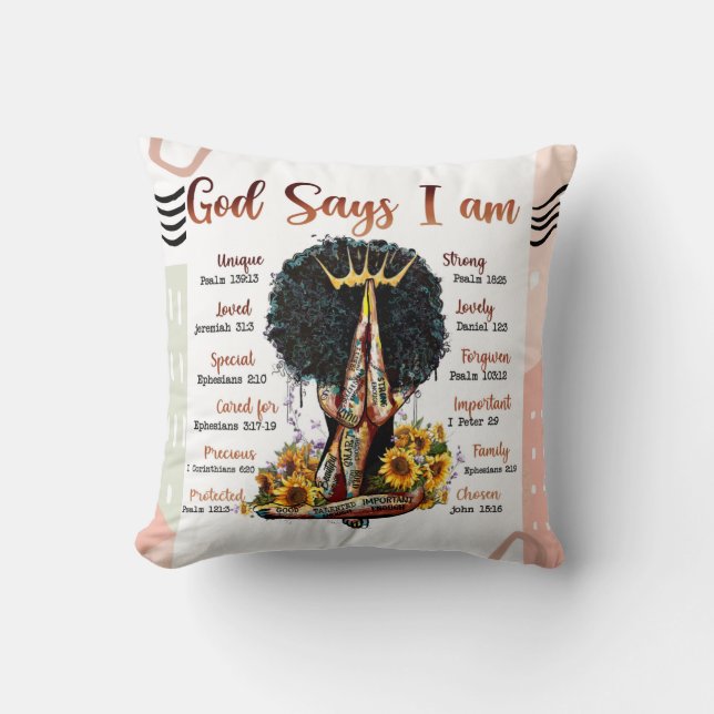 God Says I AM Black Christian Women Melanin Sista Cushion (Front)