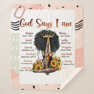 God Says I AM Black Christian Women Sherpa Blanket