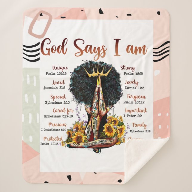 God Says I AM Black Christian Women Sherpa Blanket (Front)