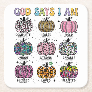 God says I am pumpkin fall autumn harvest falling  Square Paper Coaster