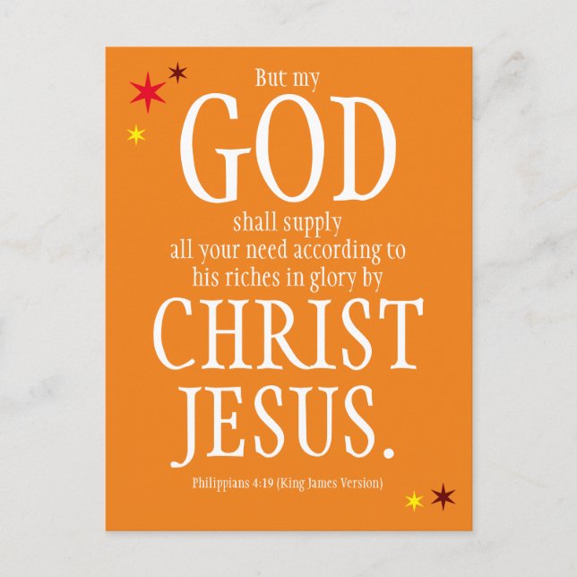 "GOD Shall Supply" - Bible Verse - Thanksgiving Postcard (Front)