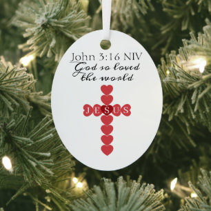 God So Loved the World Red Heart Cross Metal Tree Decoration