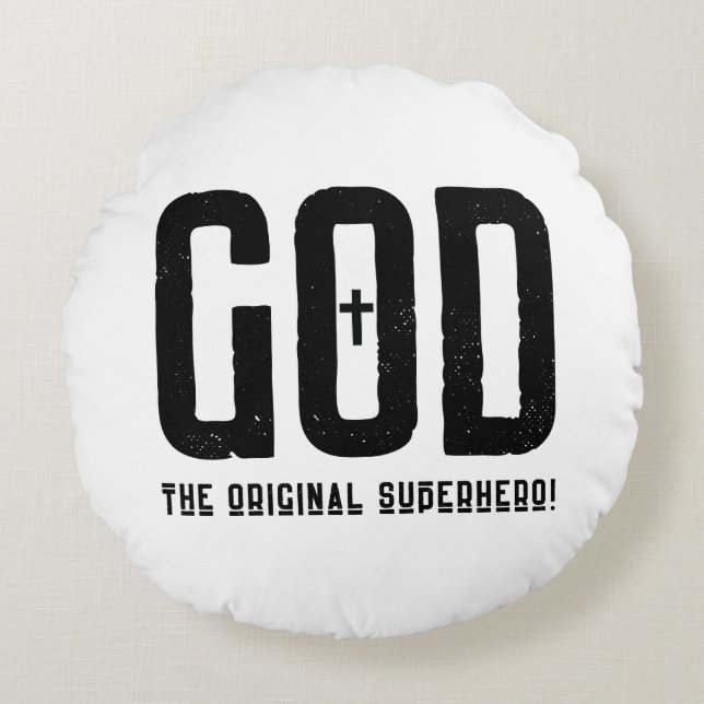 God The Original Superhero Biblical Cross Round Cushion (Front)