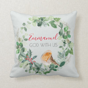 God With Us Christian Watercolor Wreath Christmas Cushion