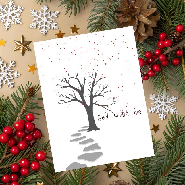 God With Us Christmas Greeting Card (Christmas greeting card with black typography God is with us and a dry tree on white background.)