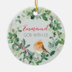 God With Us Watercolor Botanical Wreath Christmas Ceramic Tree Decoration