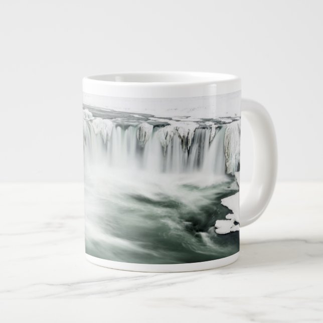 Godafoss waterfall, winter, Iceland Large Coffee Mug (Front Right)