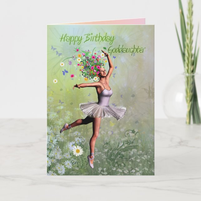 Goddaughter, a ballerina flower birthday card (Front)