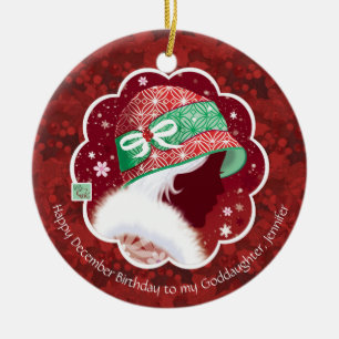 Goddaughter, December Birthday, Red Hat Girl Ceramic Tree Decoration