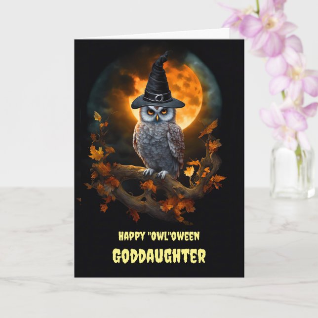 Goddaughter Happy Halloween Owl and Hat Card (Orchid)