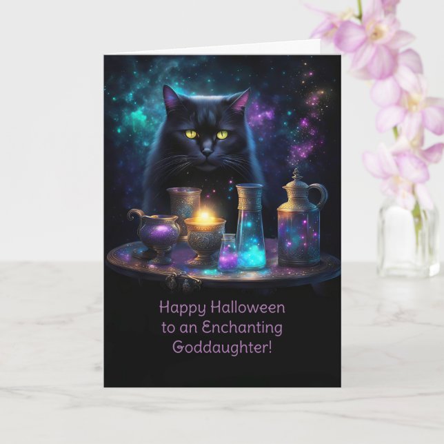 Goddaughter Happy Halloween with Cute Magical Cat  Card (Orchid)