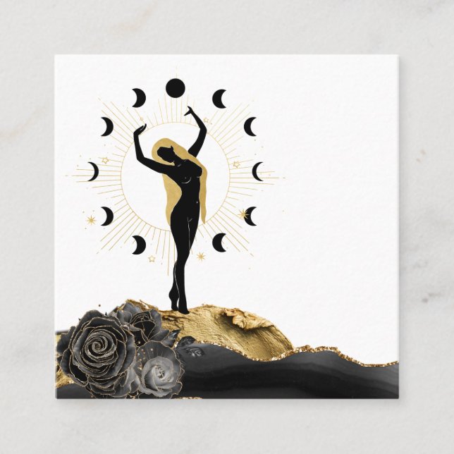 *~* Goddess Black Gold Hair Moon Phases Sun Square Business Card (Front)