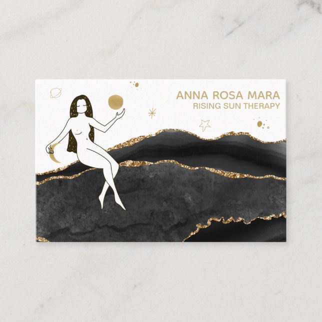 *~* Goddess Celestial Black Gold Glitter Agate Business Card (Front)