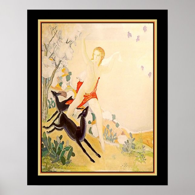"Goddess Diana Running With Deer" Art Deco Poster (Front)