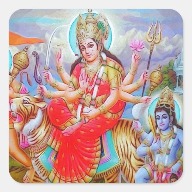 Goddess Durga Ji Painting Square Sticker (Front)