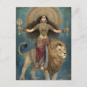 Goddess Durga riding Lion Turquoise Gold Art Postcard