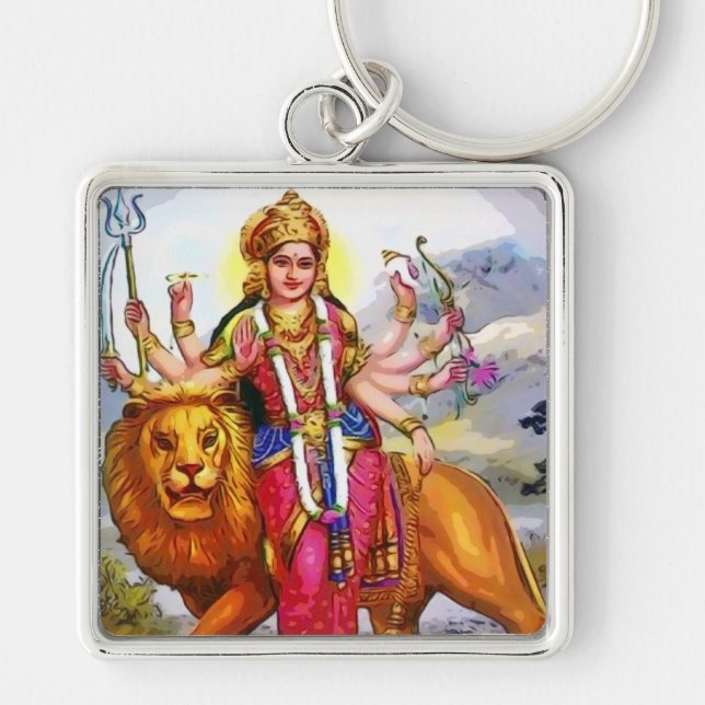 Goddess Durga with Lion Painting Key Ring (Front)