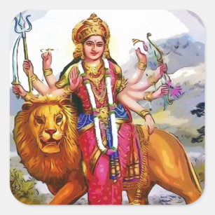 Goddess Durga with Lion Painting Square Sticker